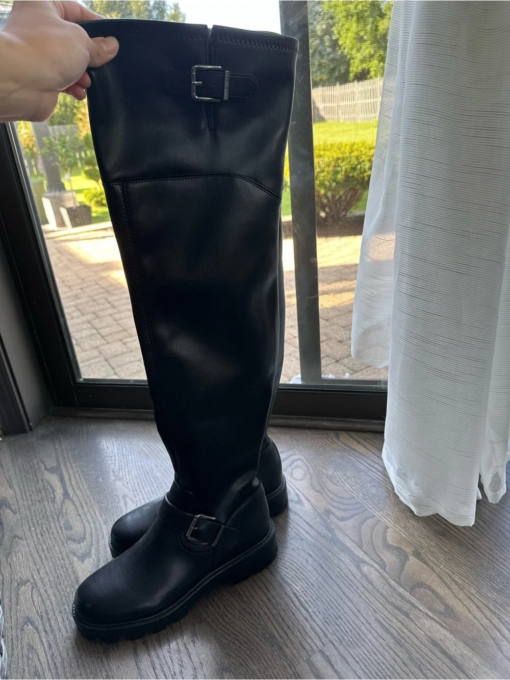 Nine West Black Lug-Sole Knee Boots with Buckle Accent